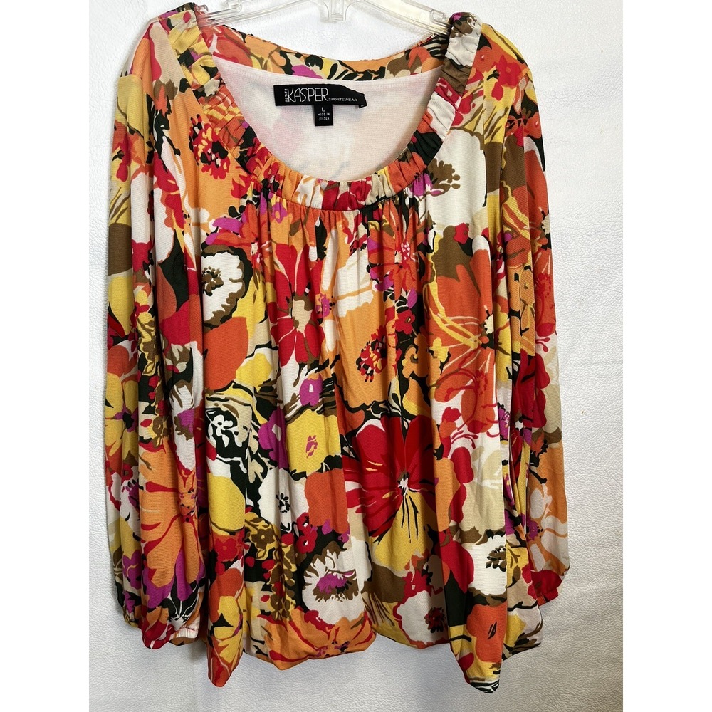 Kasper Woman’s Petite Lg Blouse Floral Print Long Sleeve Pull Over Colorful